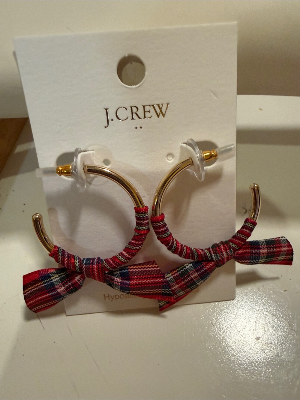 J. Crew Factory Gold Hoops with Red Plaid Bow Wraps